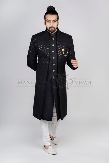 Royal Black Cotton Silk Indo-Western Sherwani Set
