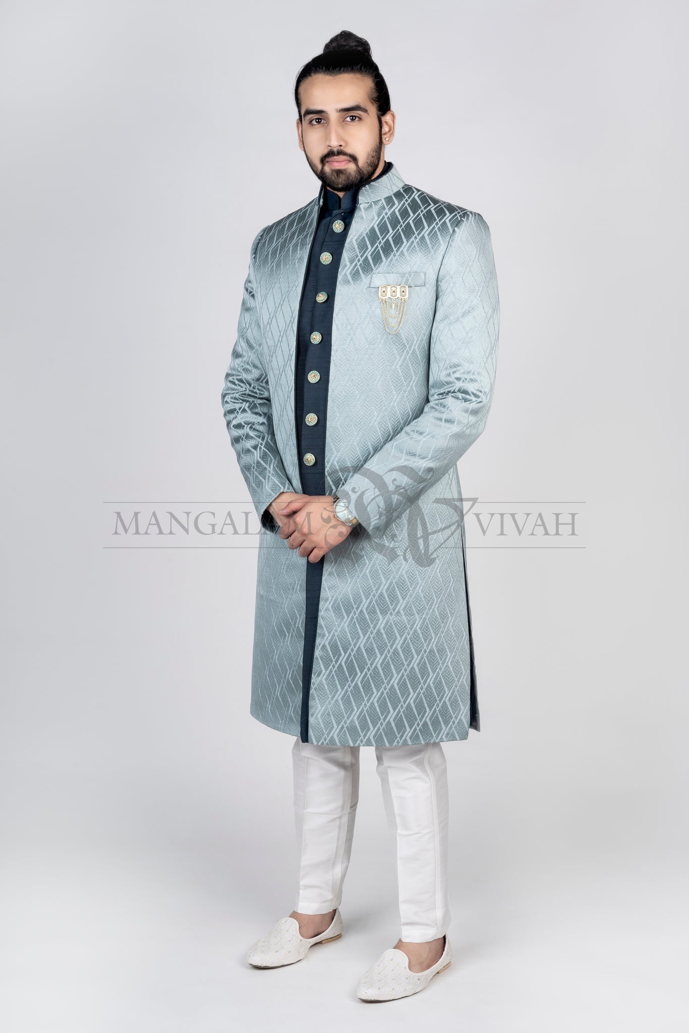 Turquoise Blue Silk Embroidery Sherwani Set