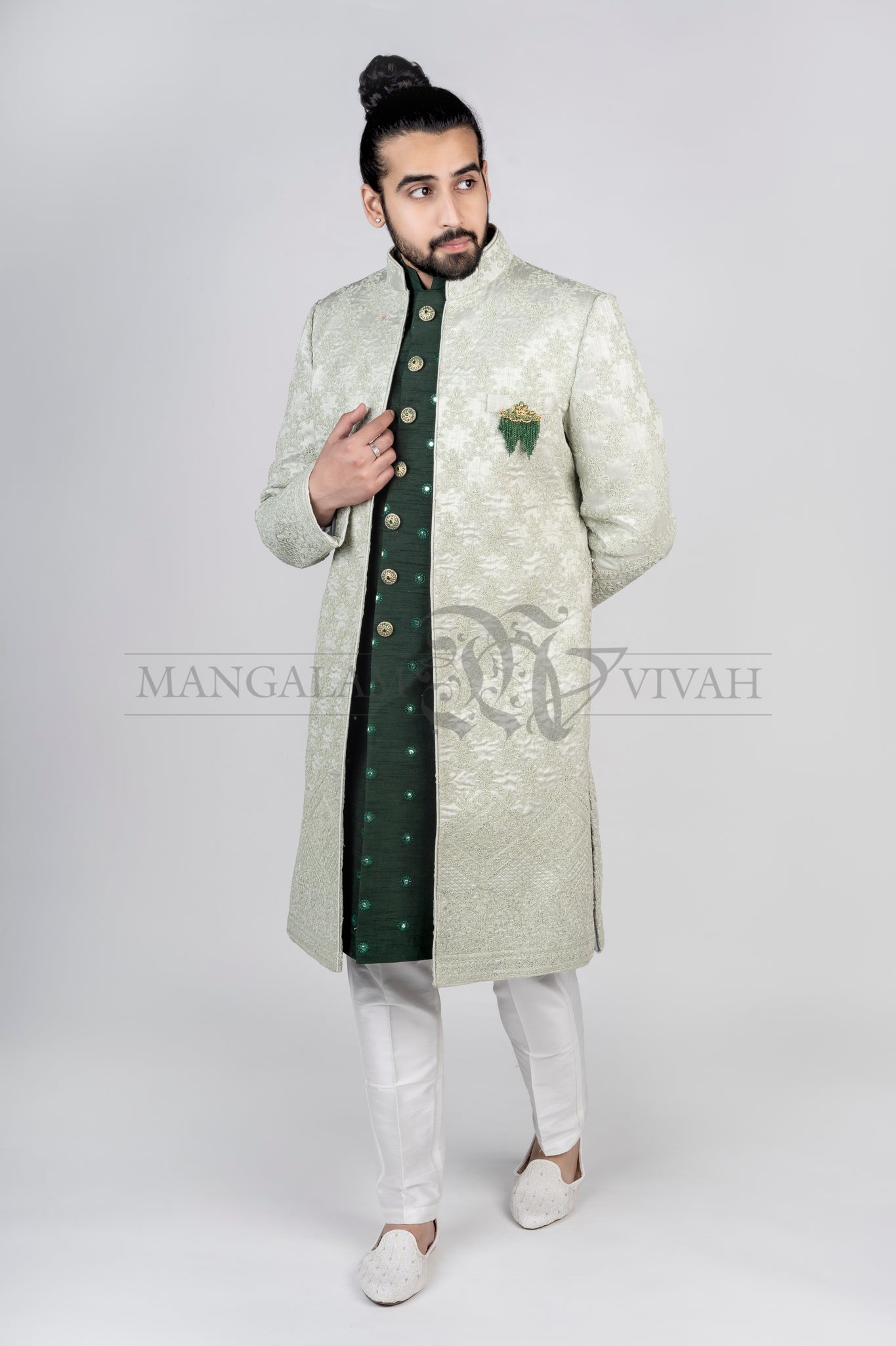 Pista Green Silk Bandhgala Sherwani Set