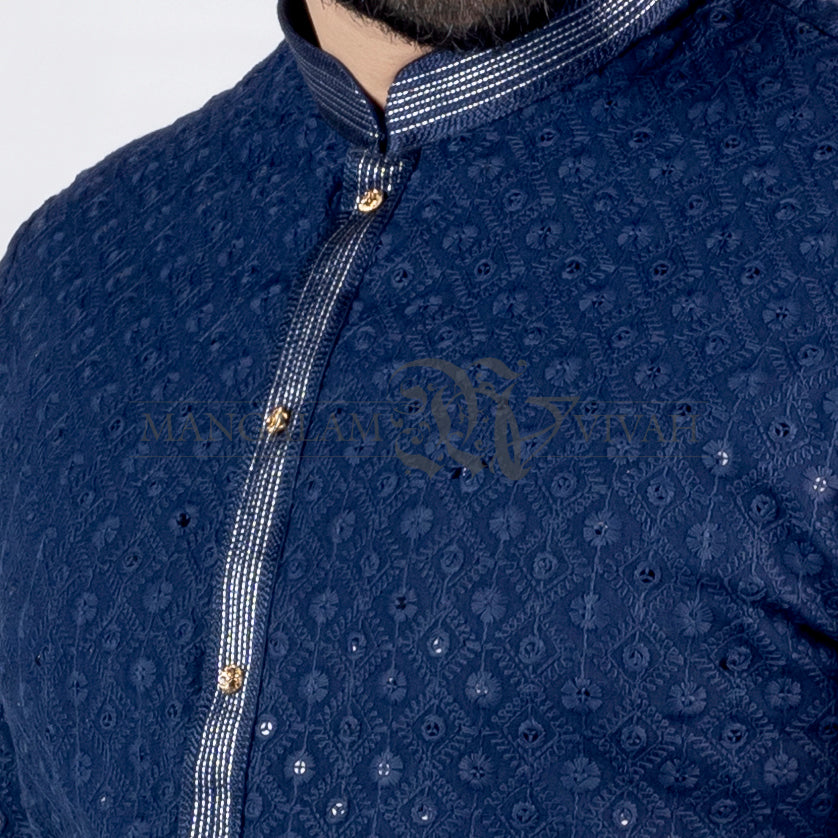 Indigo Blue Sequin Embroidery Lucknowi Kurta Set