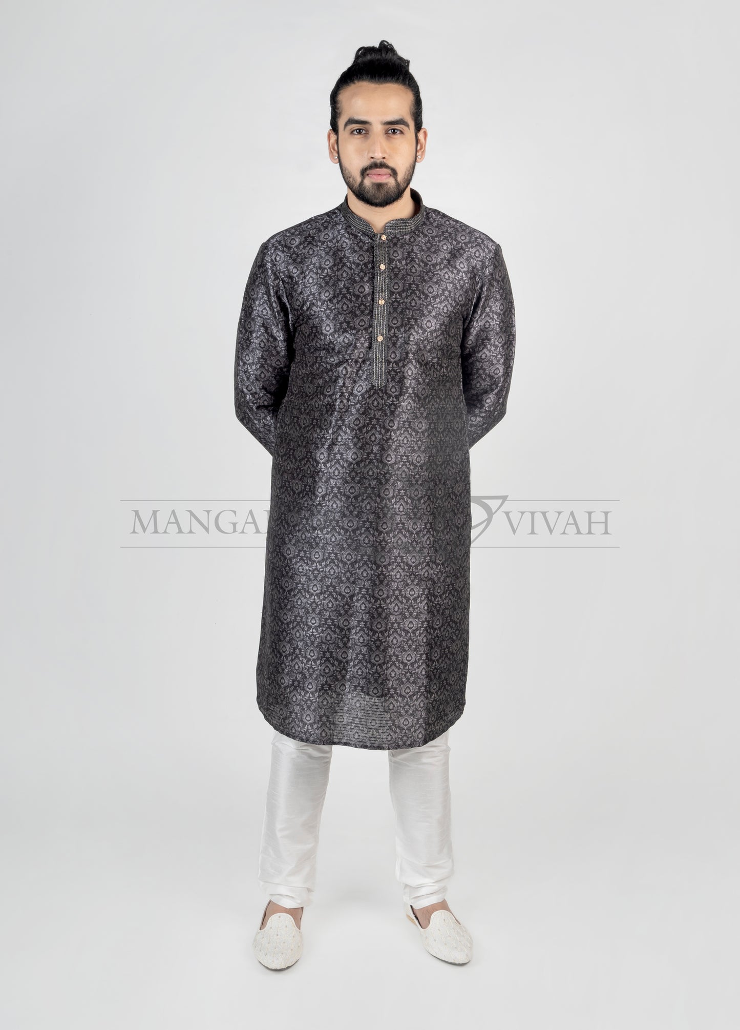 Charcoal Grey Pure Silk Long Kurta Set