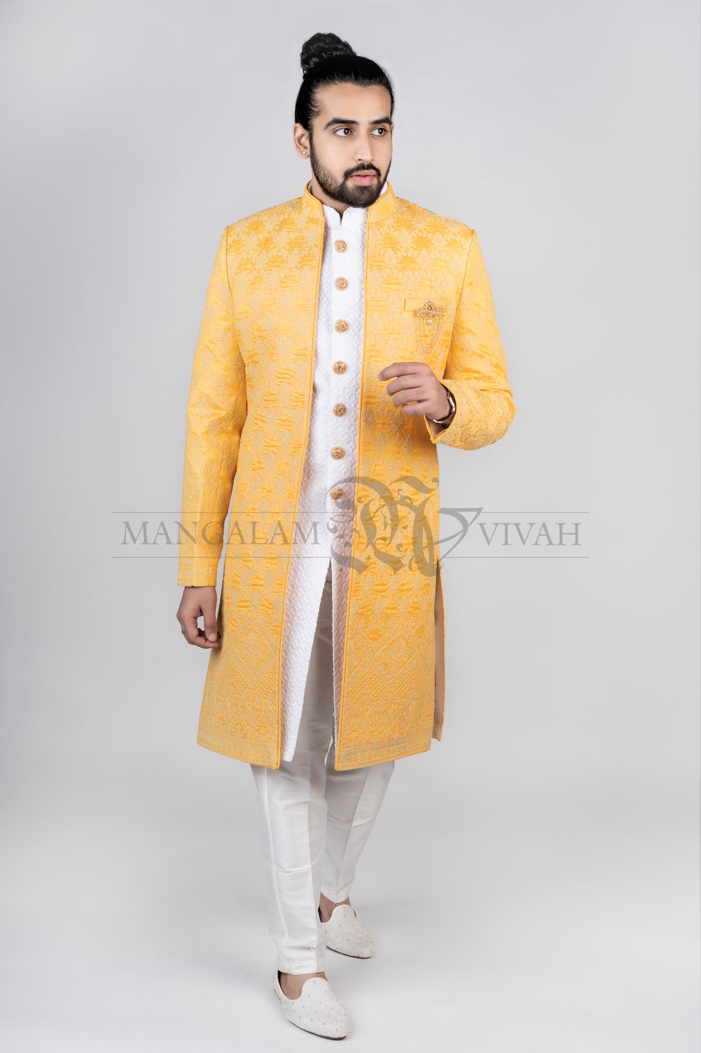 Bright Yellow Achkan Sherwani Set