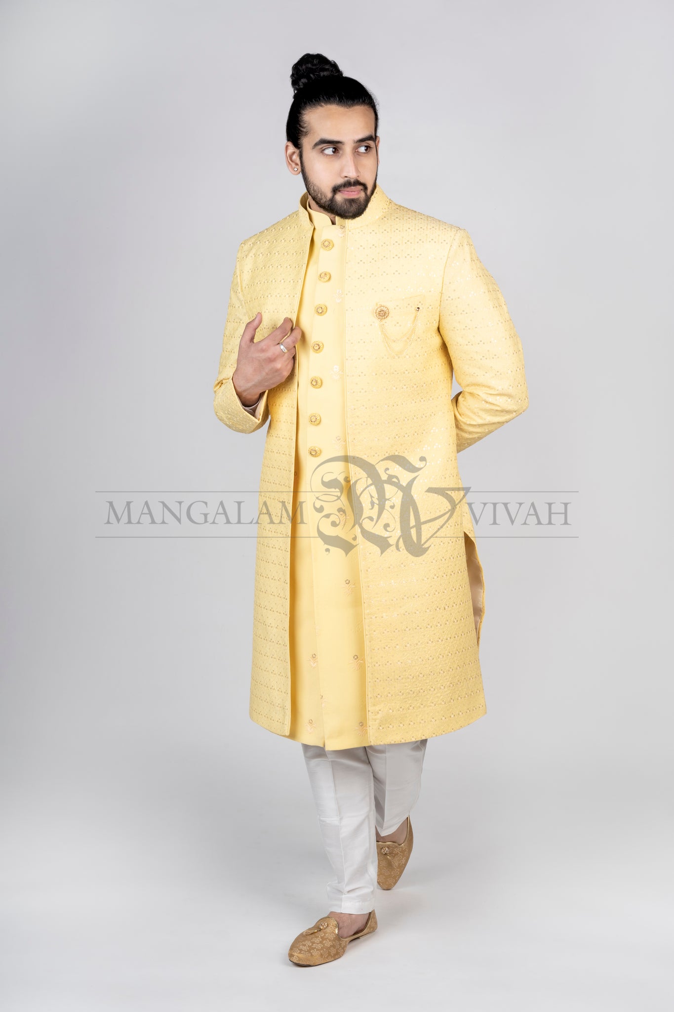 Light Yellow Embroidered Indo-Western Sherwani Set