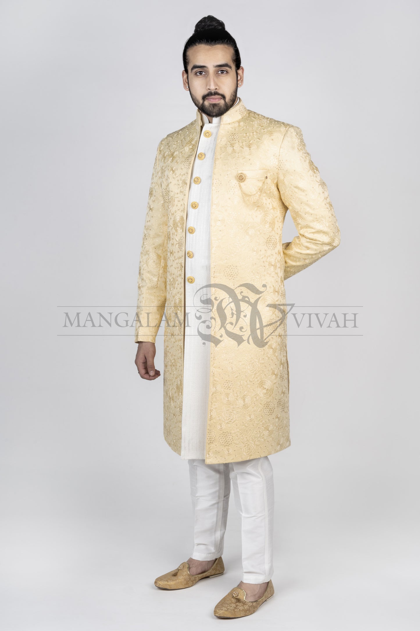 Yellow Jacquard Silk Indo-western Bandhgala Set