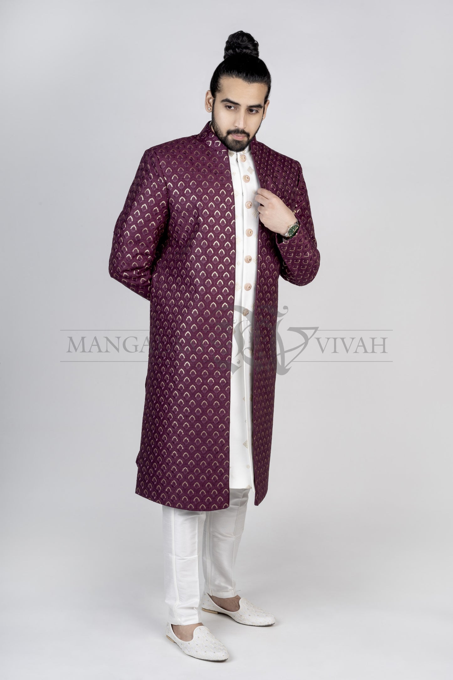 Wine Indo-western Lucknowi Bandhgala Set