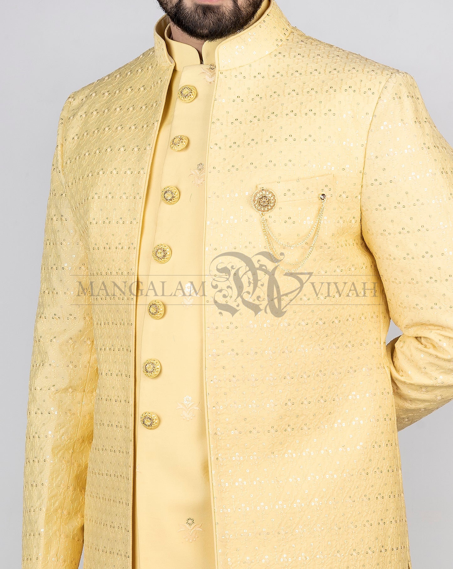Light Yellow Embroidered Indo-Western Sherwani Set