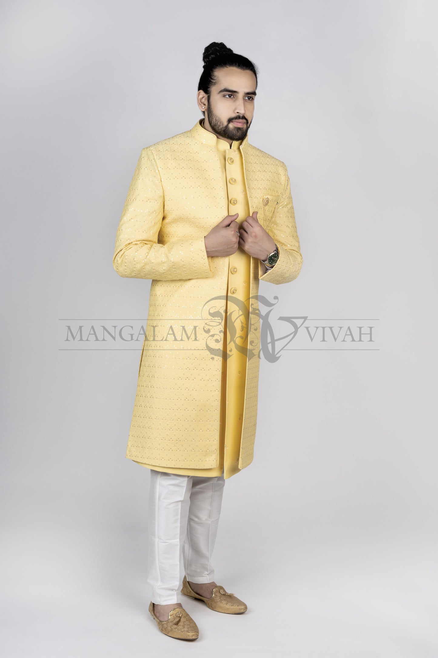 Light Yellow Embroidered Indo-Western Sherwani Set