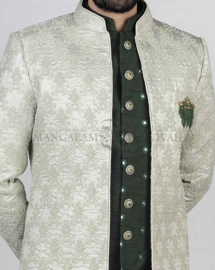 Pista Green Silk Bandhgala Sherwani Set