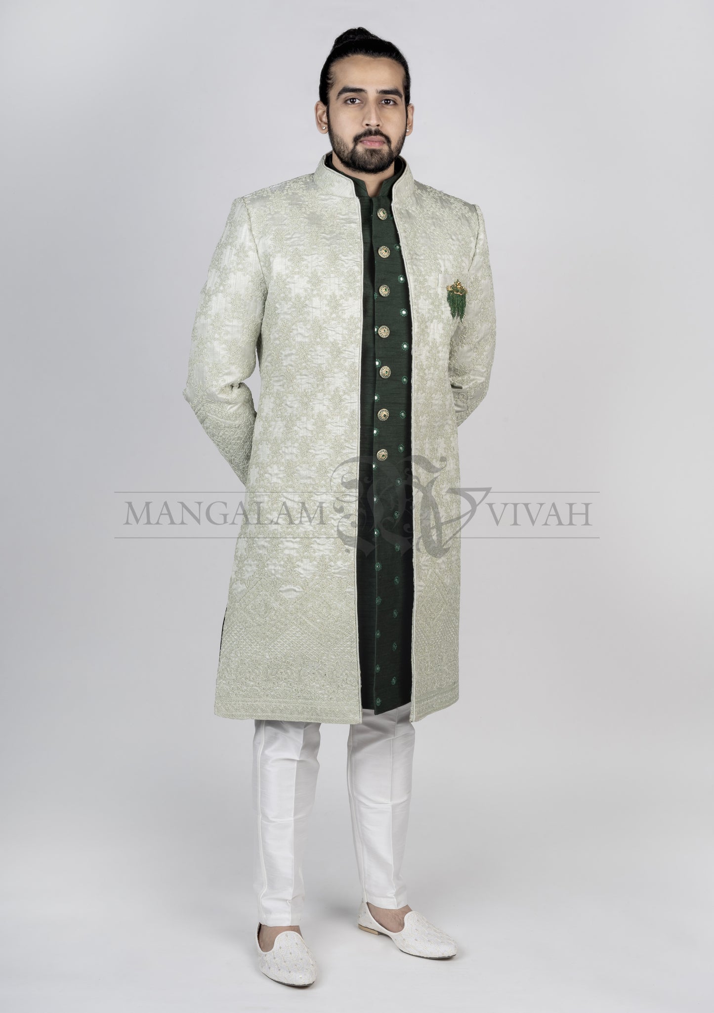 Pista Green Silk Bandhgala Sherwani Set