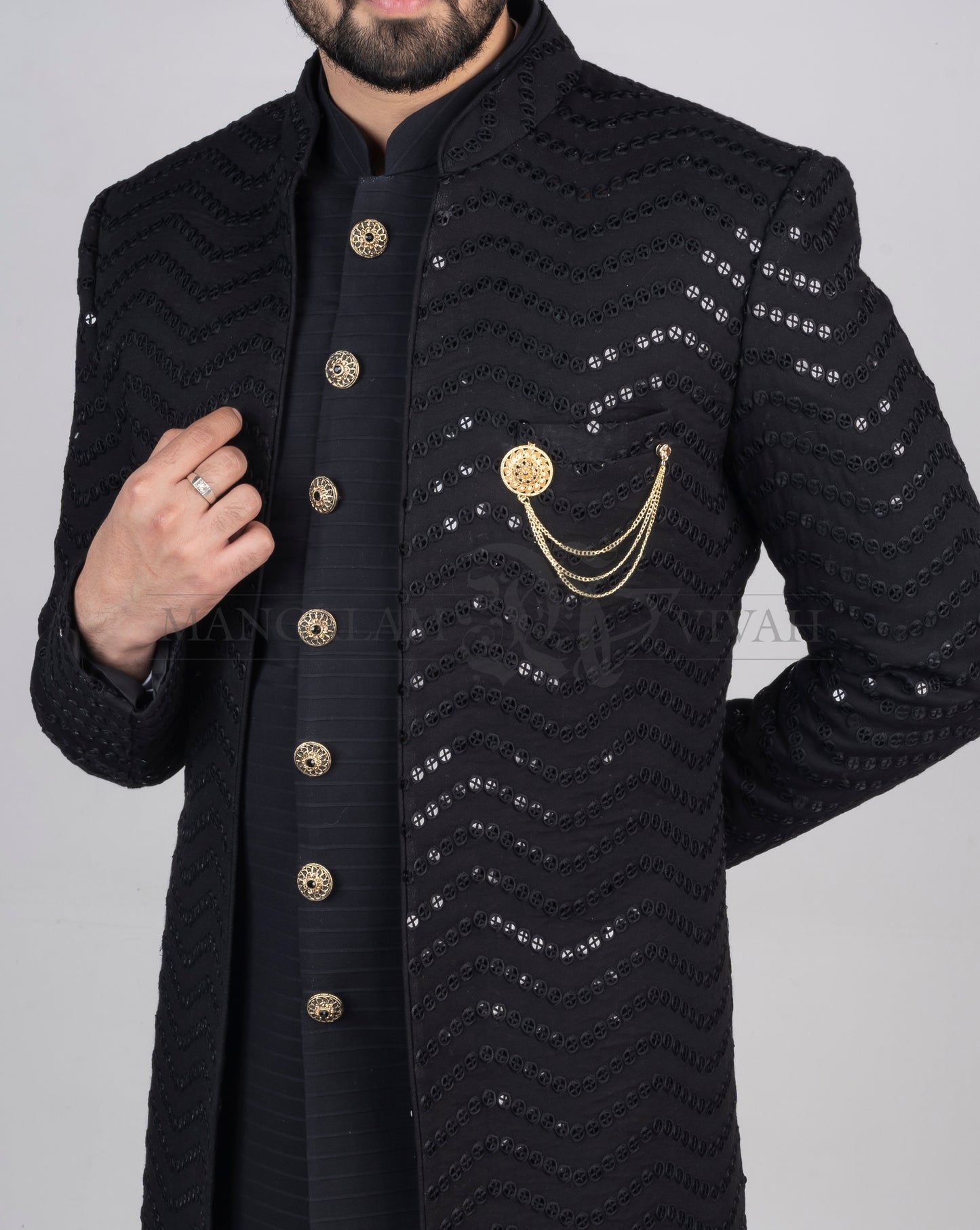 Royal Black Cotton Silk Indo-Western Sherwani Set