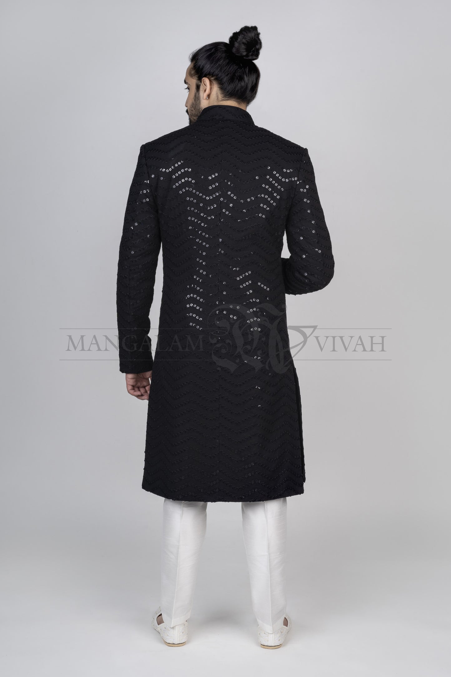 Royal Black Cotton Silk Indo-Western Sherwani Set