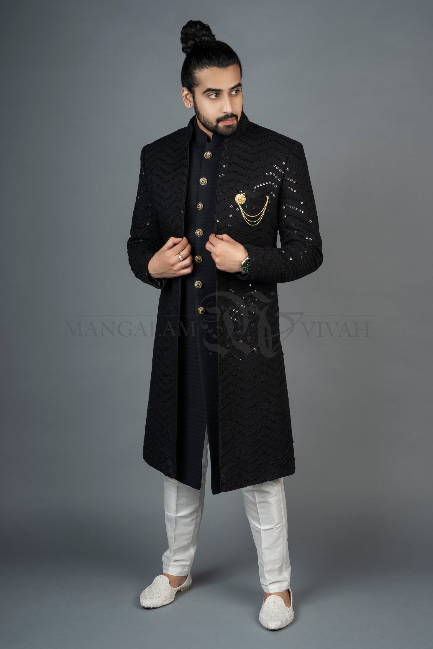 Royal Black Cotton Silk Indo-Western Sherwani Set