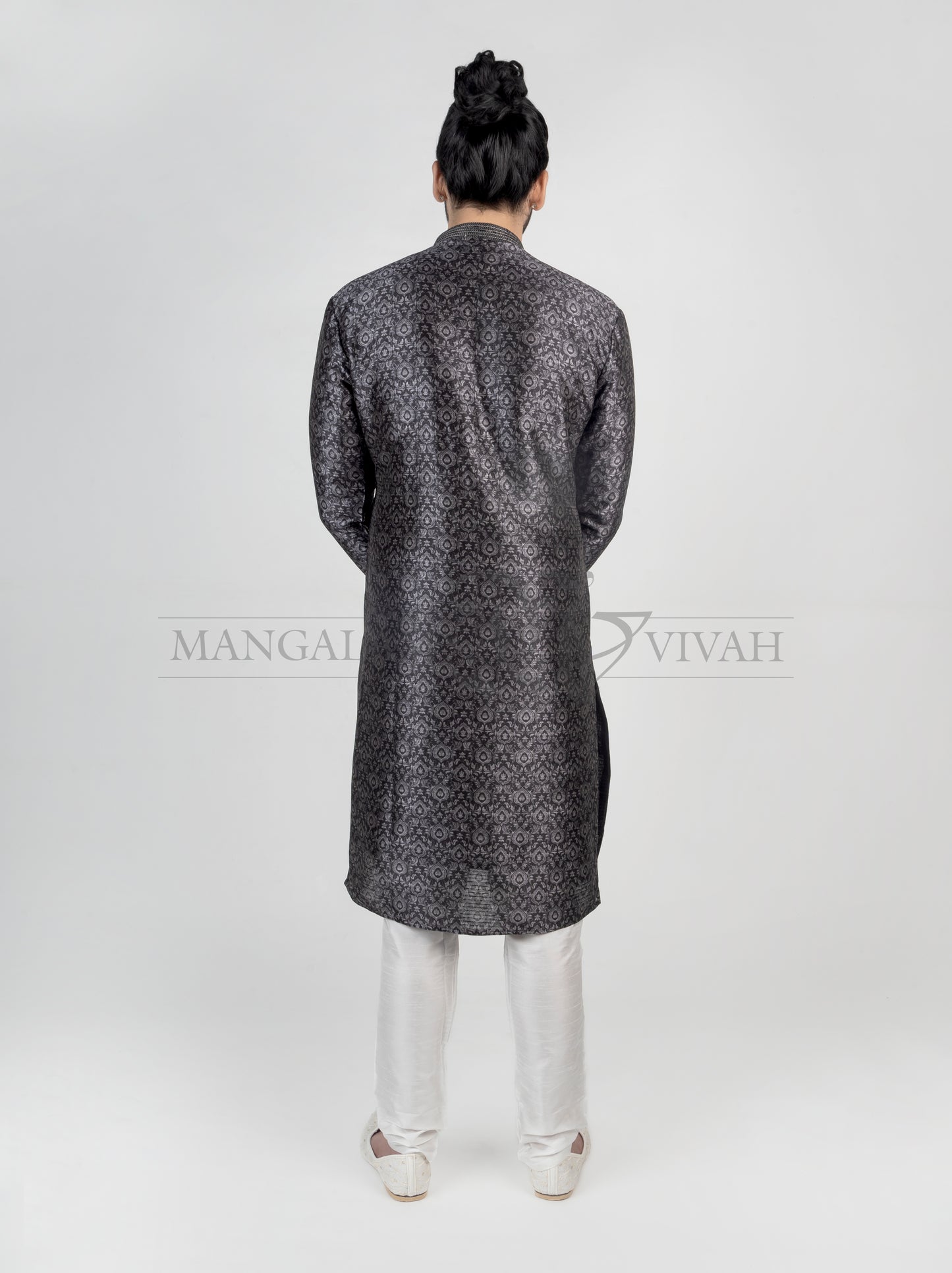 Charcoal Grey Pure Silk Long Kurta Set