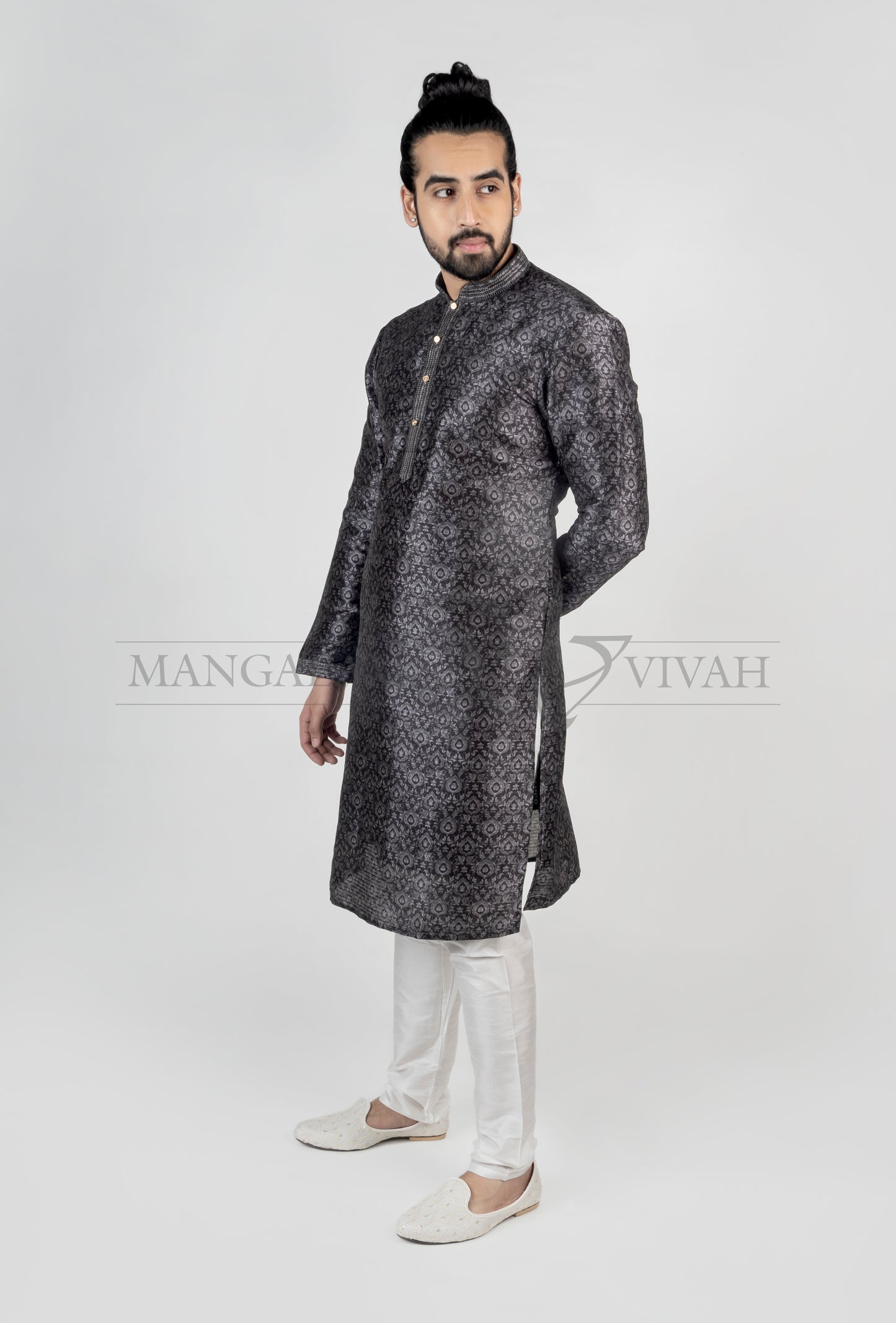 Charcoal Grey Pure Silk Long Kurta Set