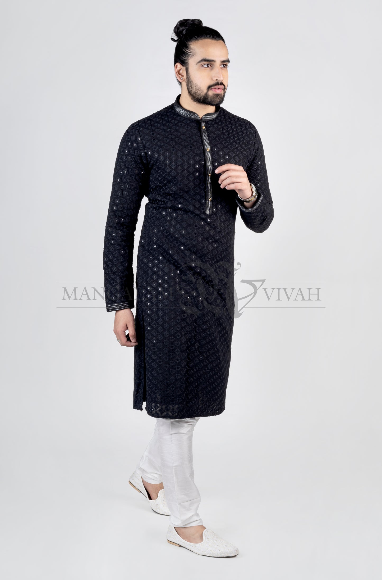 Black Georgette Mirror Embroidery Ethnic Men’s Kurta Set