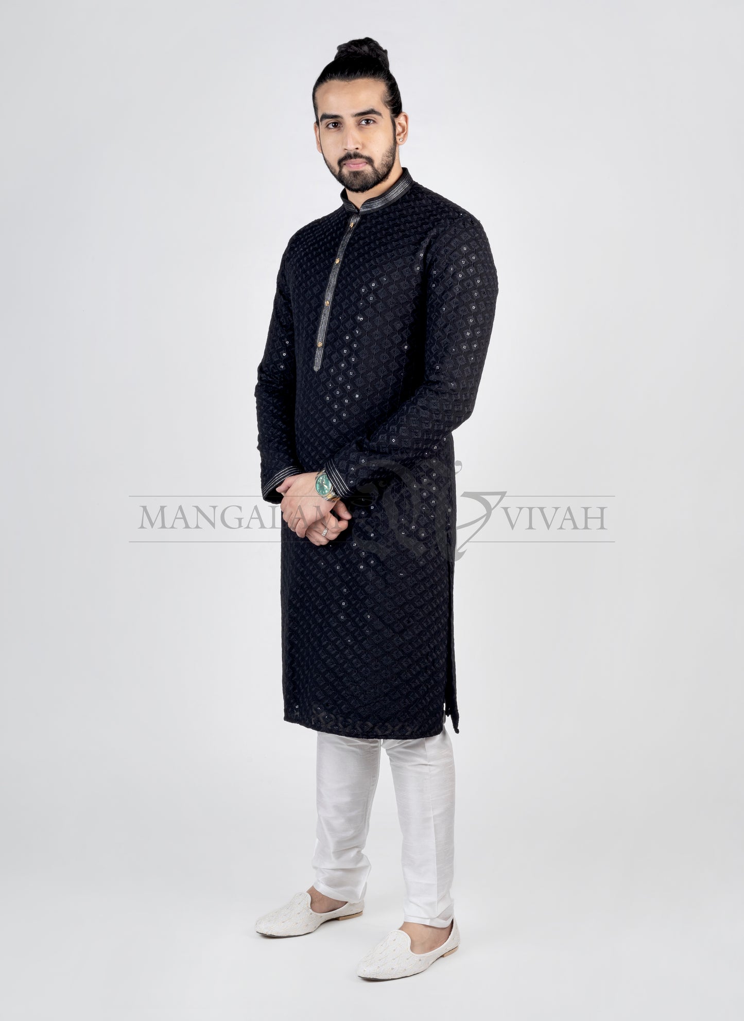 Black Georgette Mirror Embroidery Ethnic Men’s Kurta Set