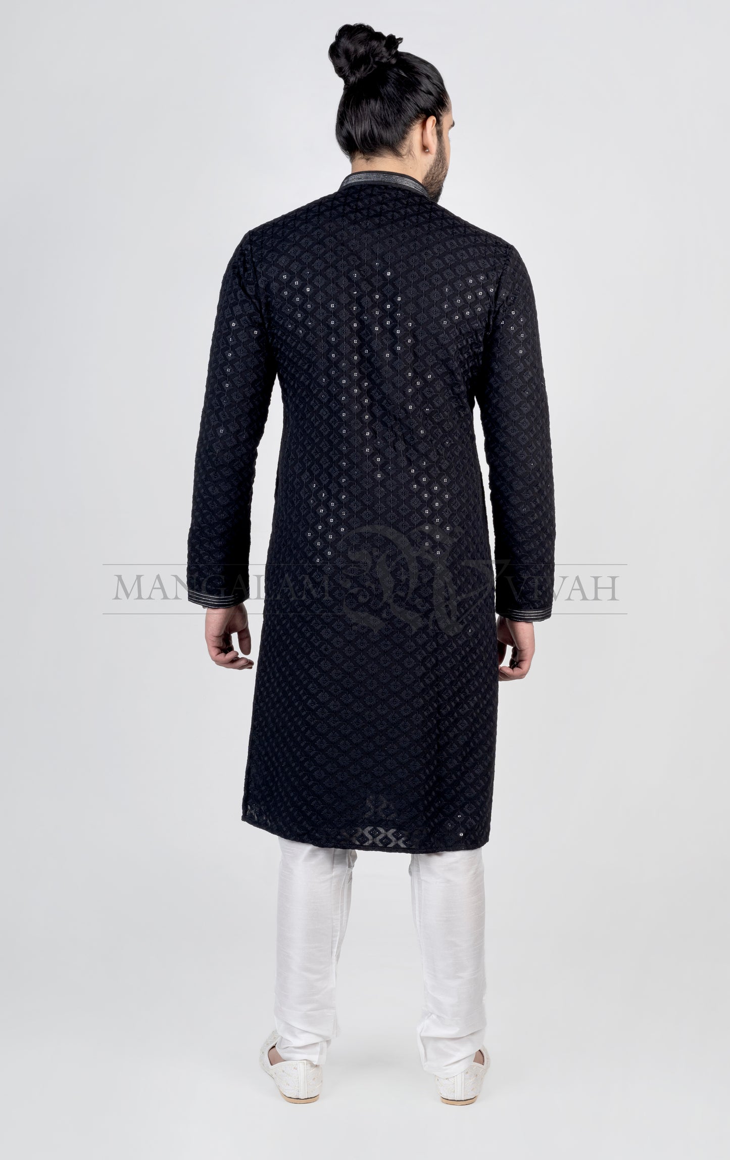 Black Georgette Mirror Embroidery Ethnic Men’s Kurta Set