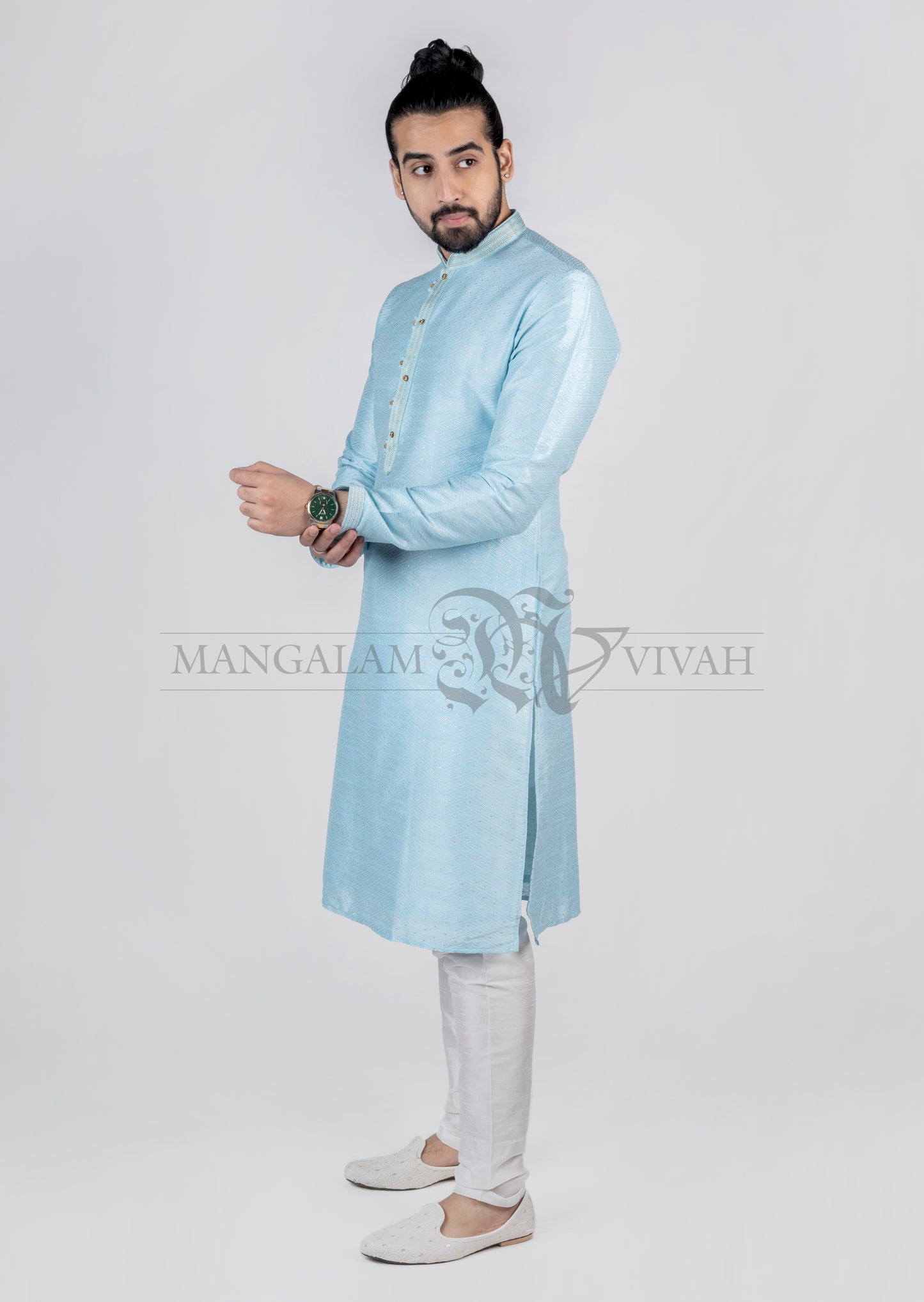 Powder Blue Sequin Embroidery Silk Long Kurta Set