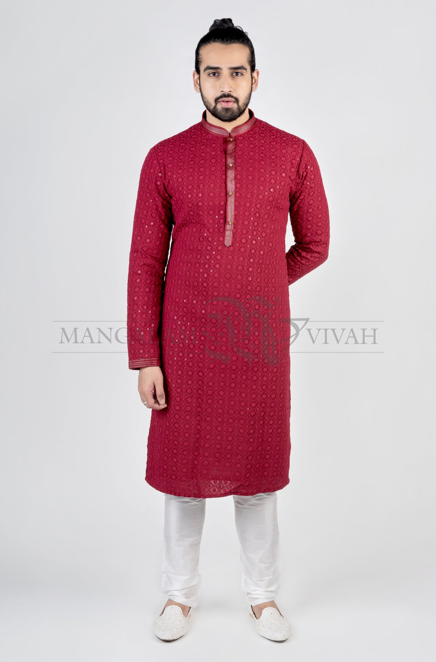 Royal Maroon Embroidery Cotton Silk Men’s Kurta Set