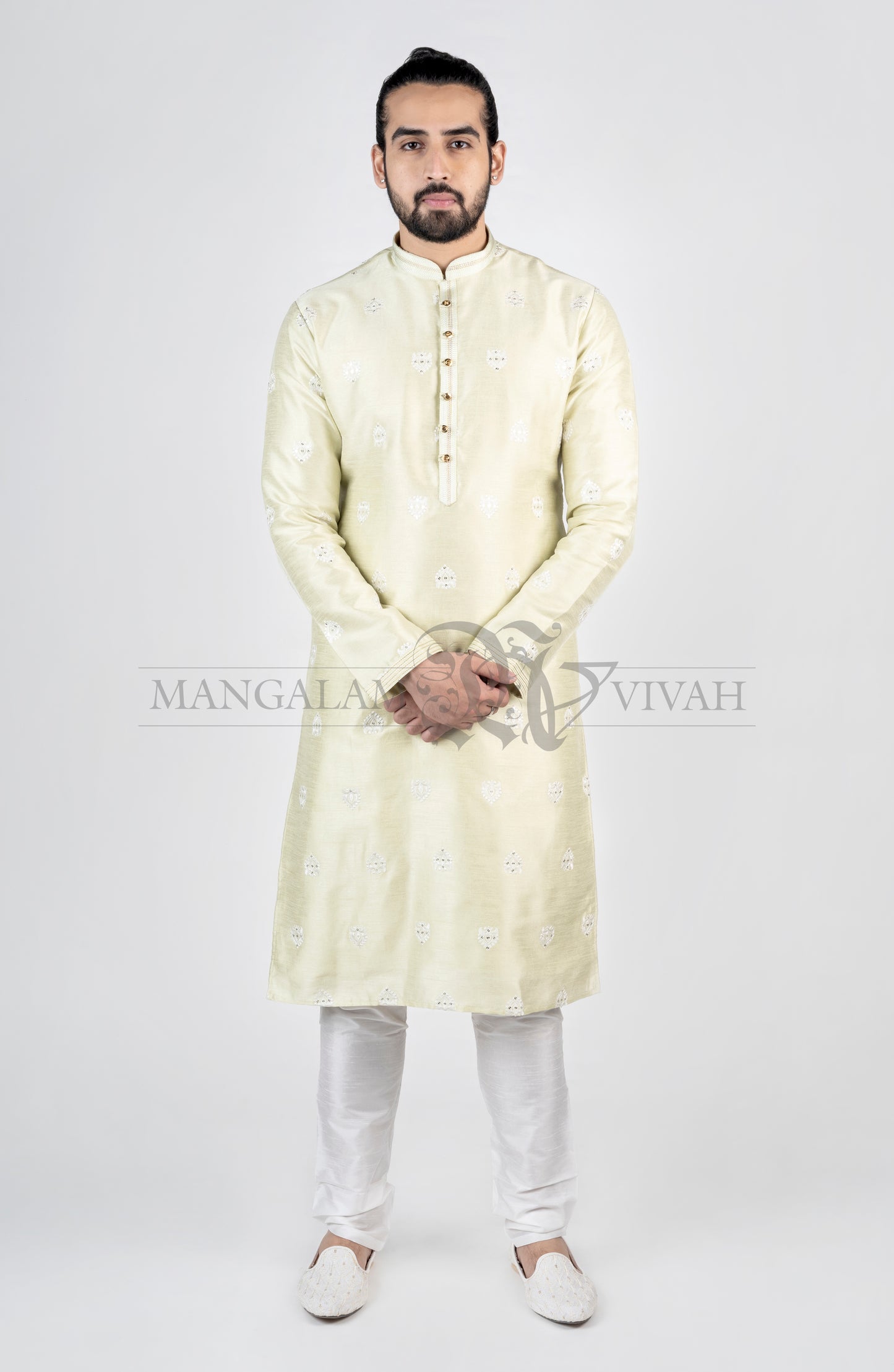 Petal Green Mirror Embroidery Silk Men’s Kurta Set