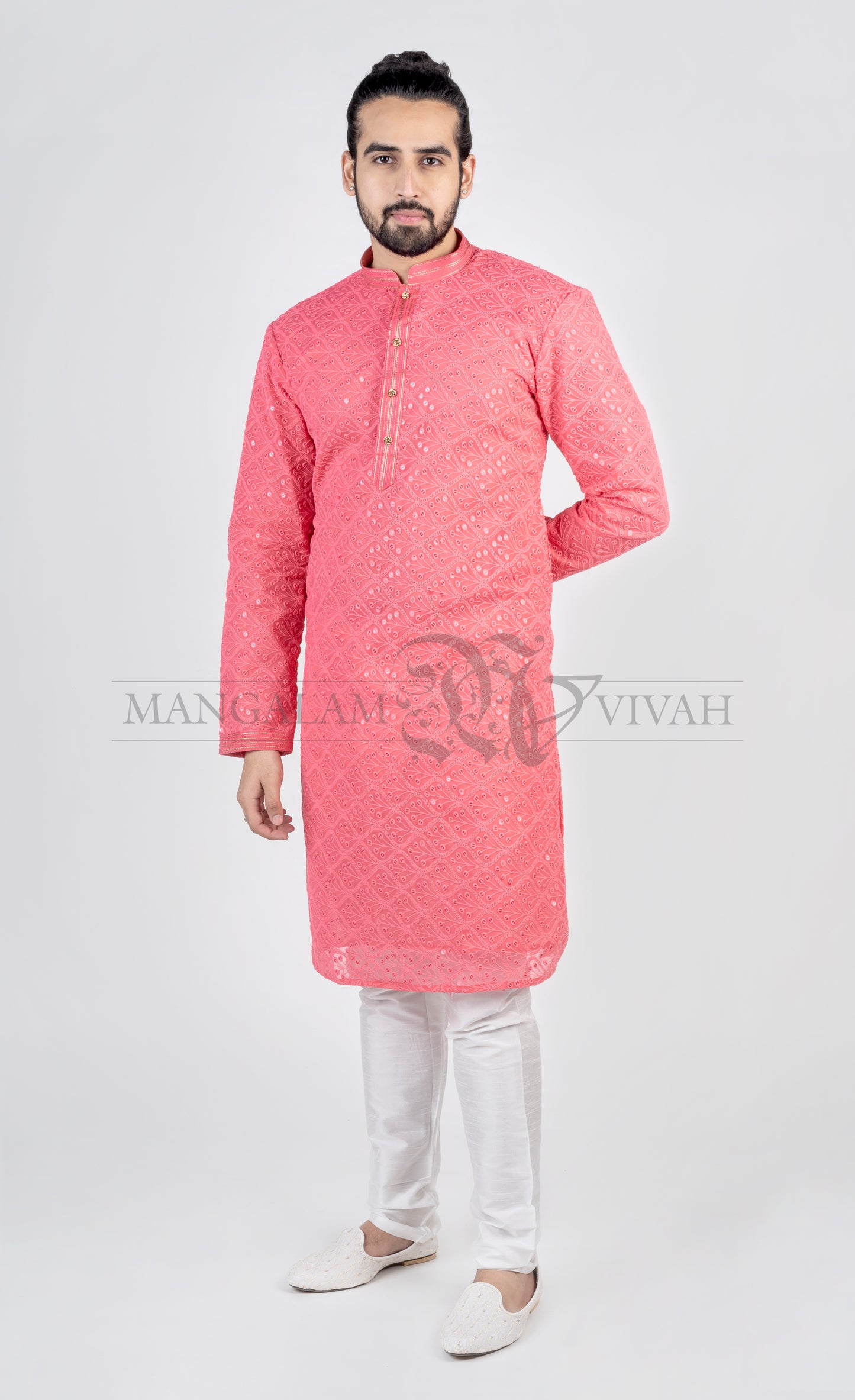 Bright Pink Sipli Embroidery Men’s Long Kurta Set