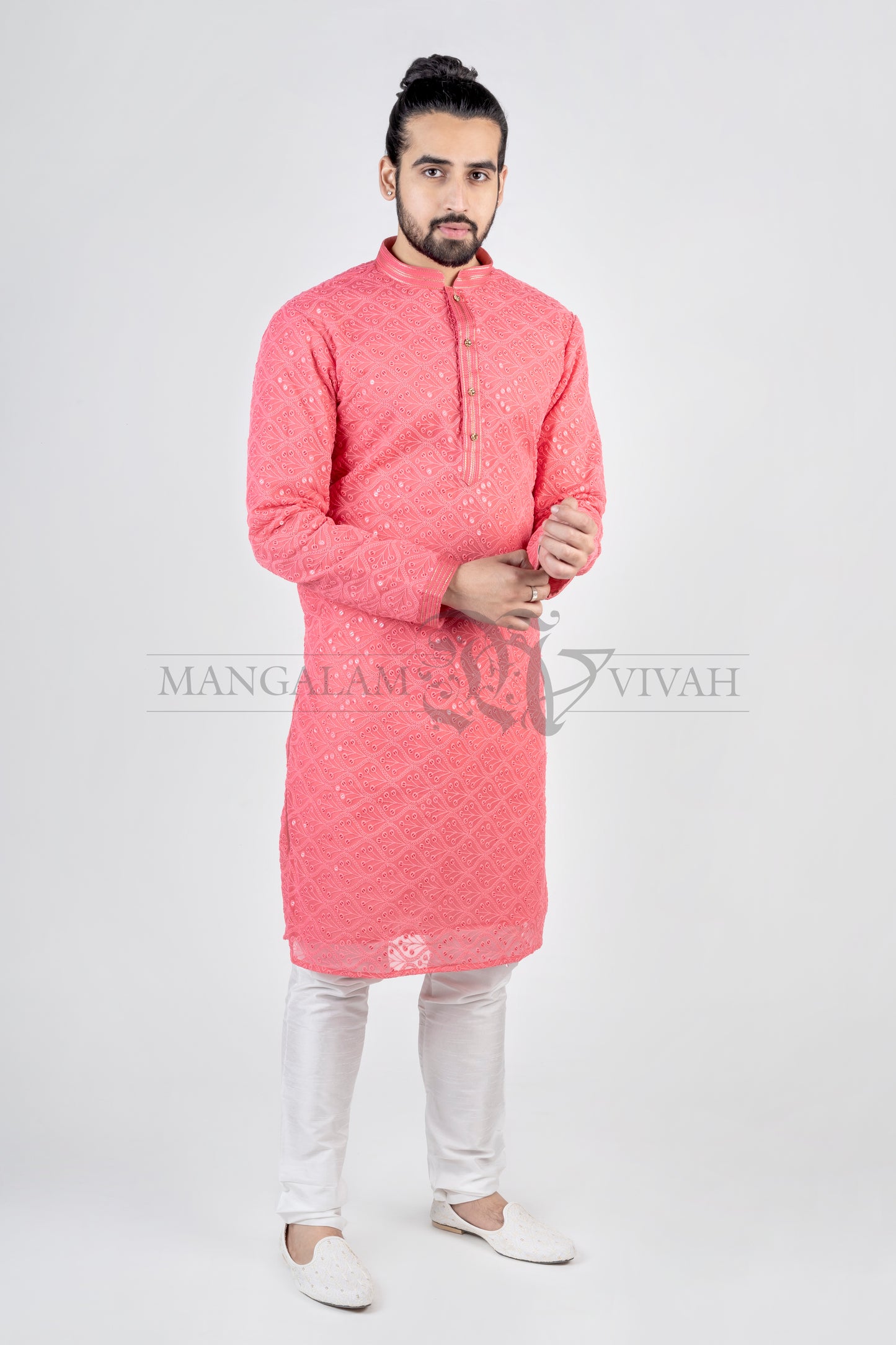 Bright Pink Sipli Embroidery Men’s Long Kurta Set