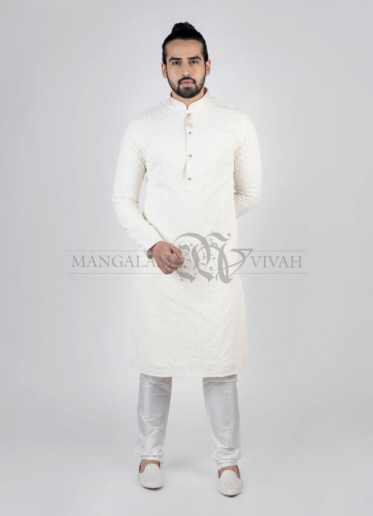 Pure White Mirror Embroidery Lucknowi Long Kurta Set