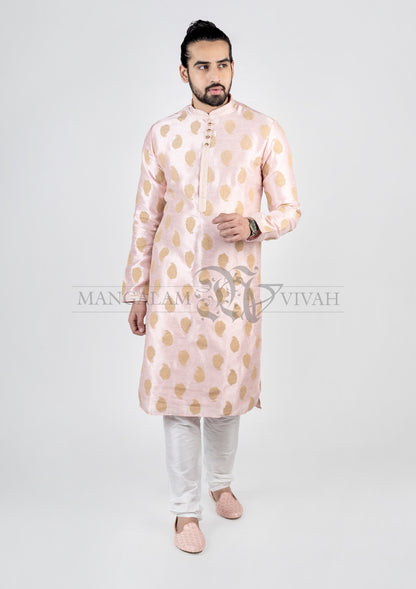 Peach And Gold Raw Silk Men’s Kurta Set