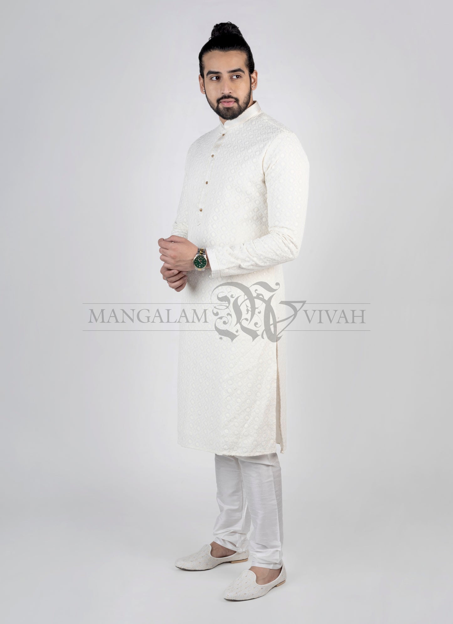 Pure White Mirror Embroidery Lucknowi Long Kurta Set