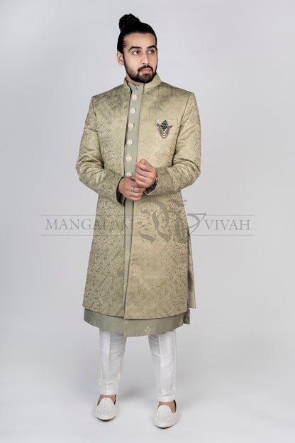 Sage Green Satin Silk Embroidery Sherwani Set