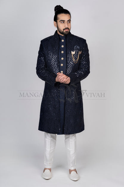 Dark Blue Sequin Embroidery Velvet Sherwani Set