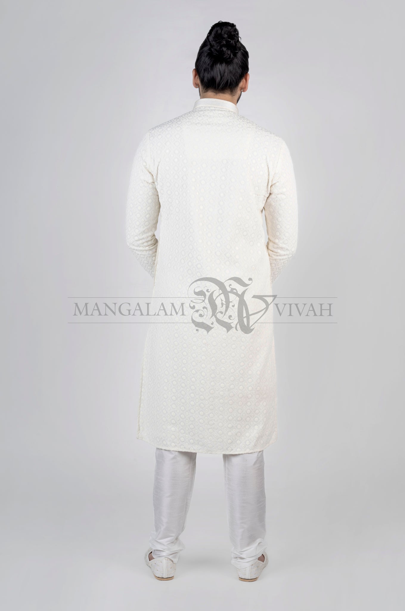 Pure White Mirror Embroidery Lucknowi Long Kurta Set