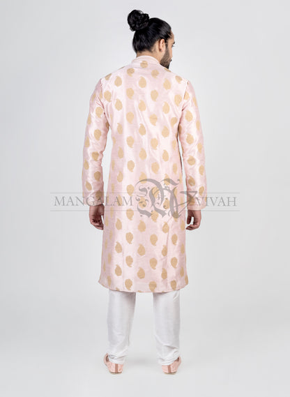 Peach And Gold Raw Silk Men’s Kurta Set