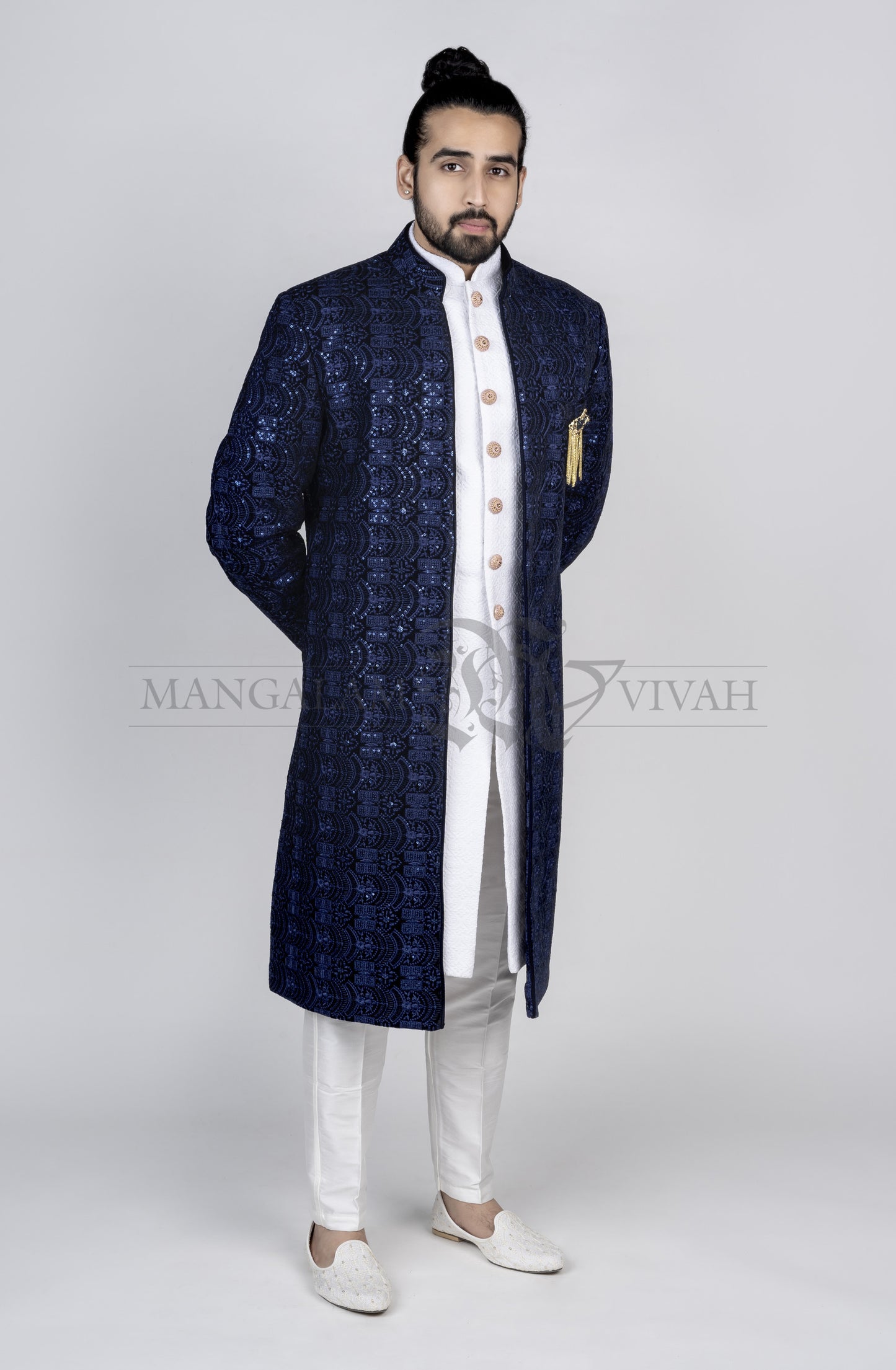 Dark Blue Velvet Sequin Embroidery Bandhgala Set