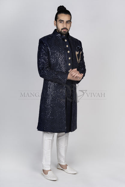 Dark Blue Sequin Embroidery Velvet Sherwani Set