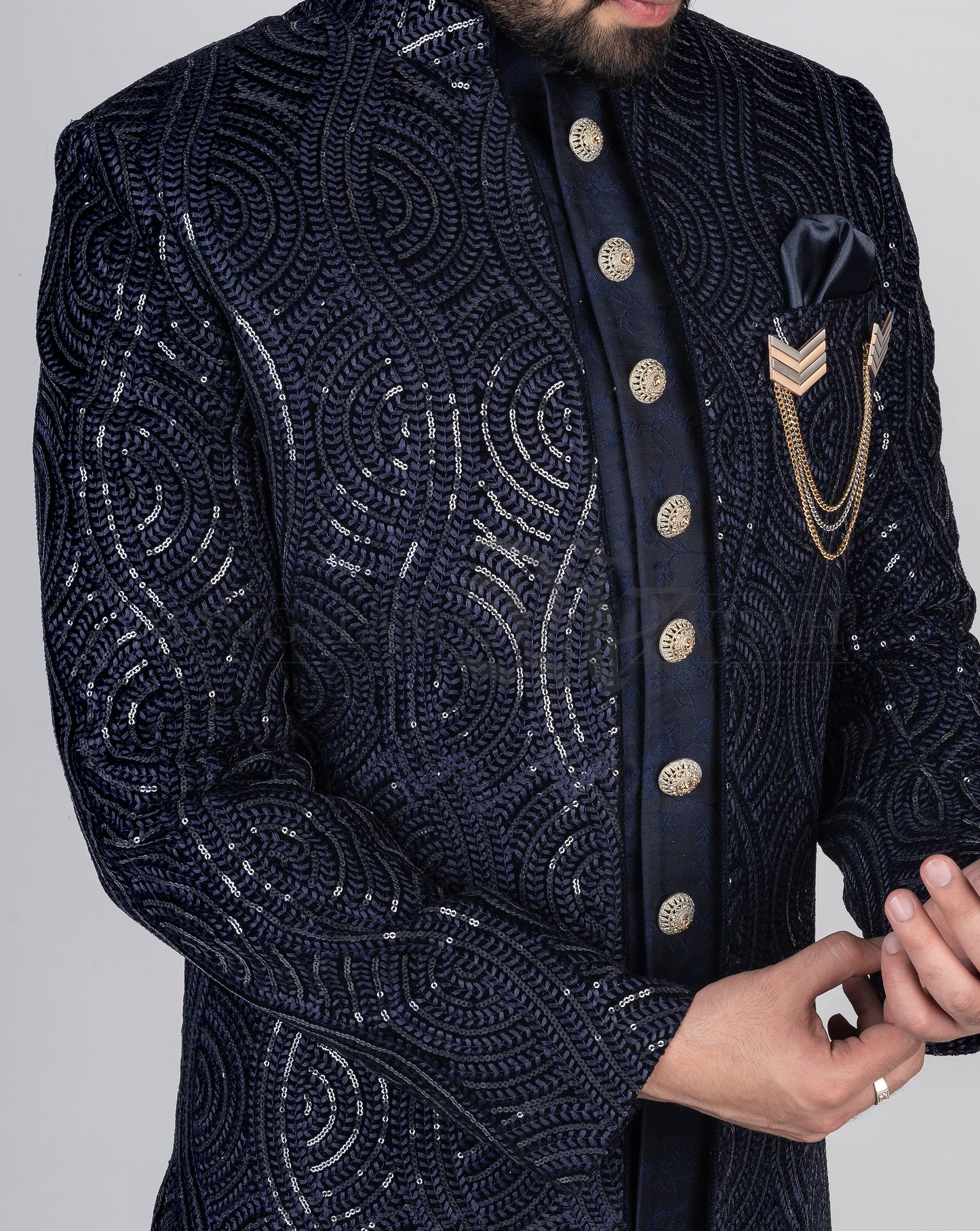 Dark Blue Sequin Embroidery Velvet Sherwani Set