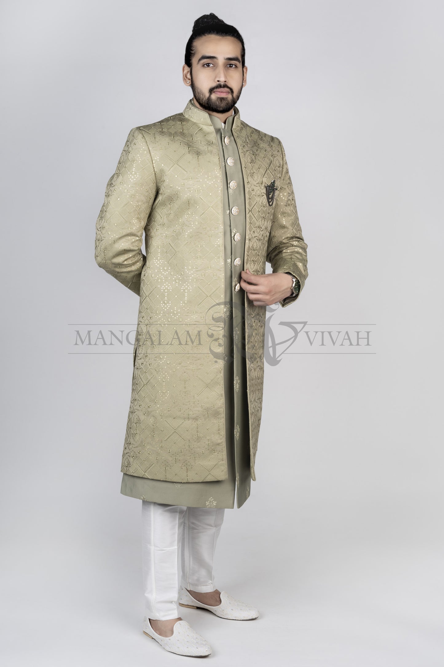 Sage Green Satin Silk Embroidery Sherwani Set