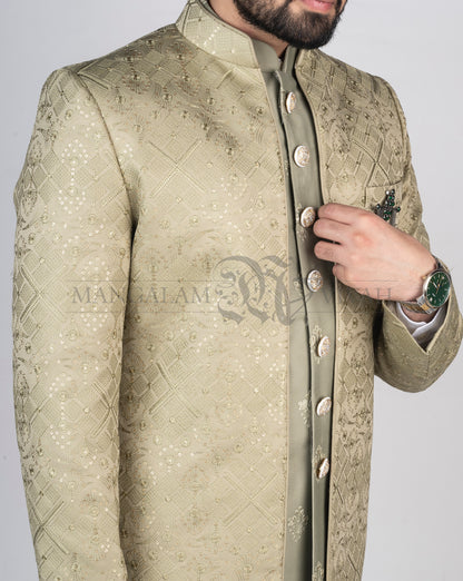 Sage Green Satin Silk Embroidery Sherwani Set