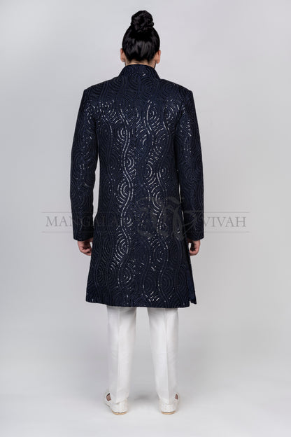 Dark Blue Sequin Embroidery Velvet Sherwani Set