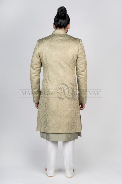 Sage Green Satin Silk Embroidery Sherwani Set