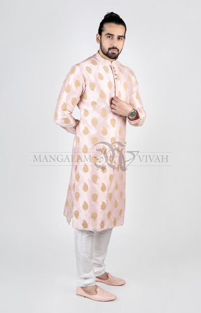 Peach And Gold Raw Silk Men’s Kurta Set