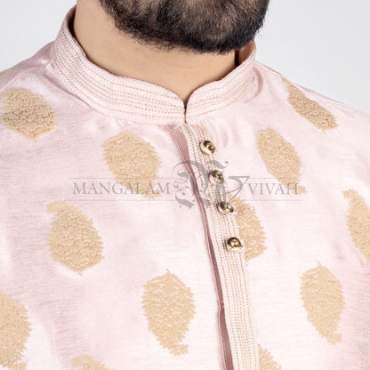 Peach And Gold Raw Silk Men’s Kurta Set