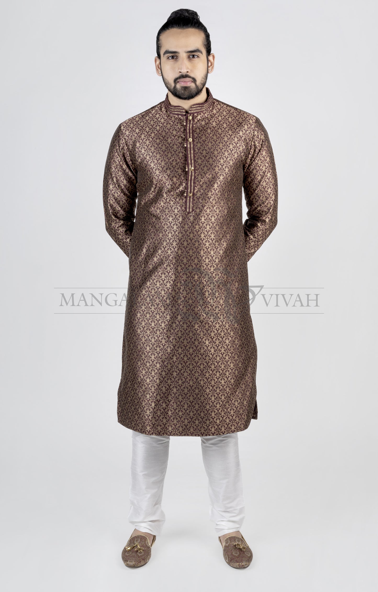 Maroon And Gold Silk Long Kurta Set