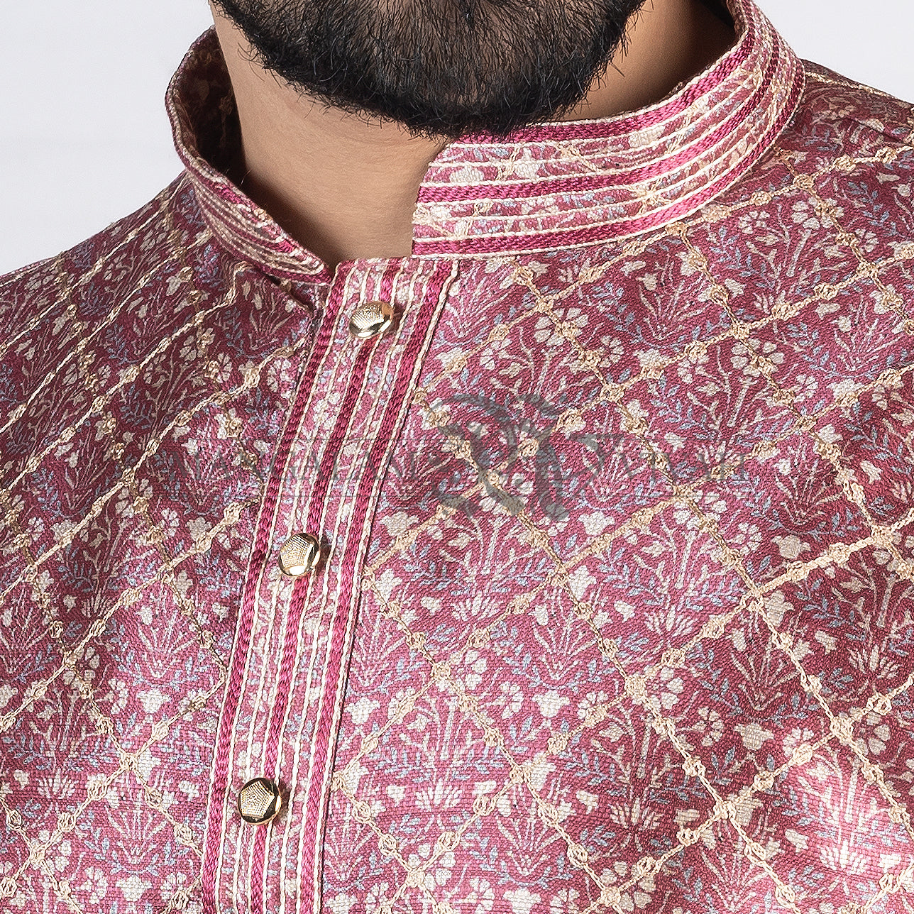 Hot Pink Silk Printed Long Kurta Set