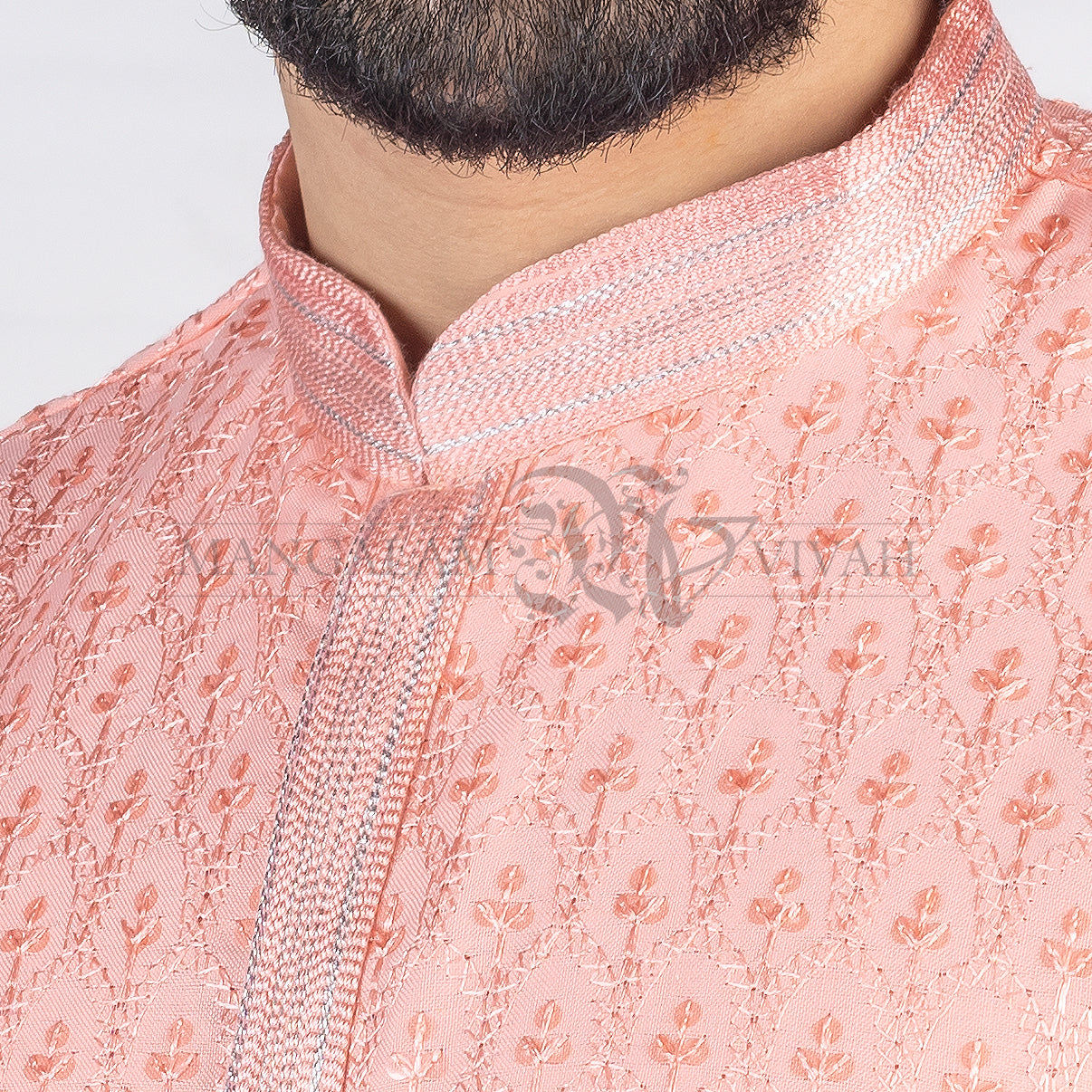 Peach Pink Silk Embroidery Men’s Kurta Set