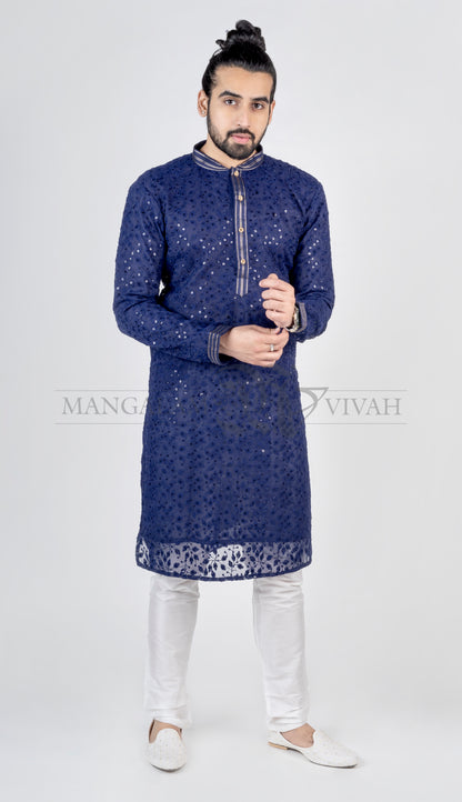 Deep Blue Zari Embroidery Ethnic Men’s Kurta Set