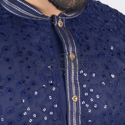 Deep Blue Zari Embroidery Ethnic Men’s Kurta Set