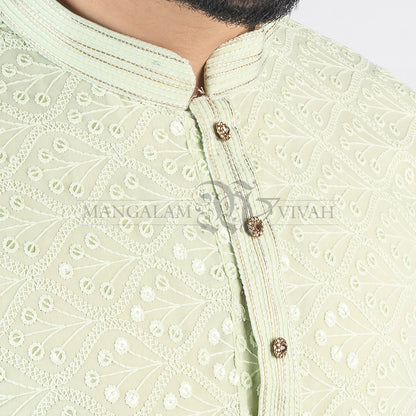 Georgette Petal Green Sipli Embroidery Men’s Kurta Set