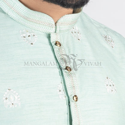 Pastel Blue Zari Embroidery Men’s Long Kurta Set