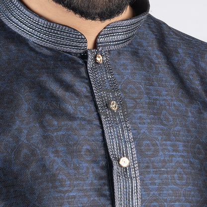 Dark Blue Raw Silk Long Kurta Set